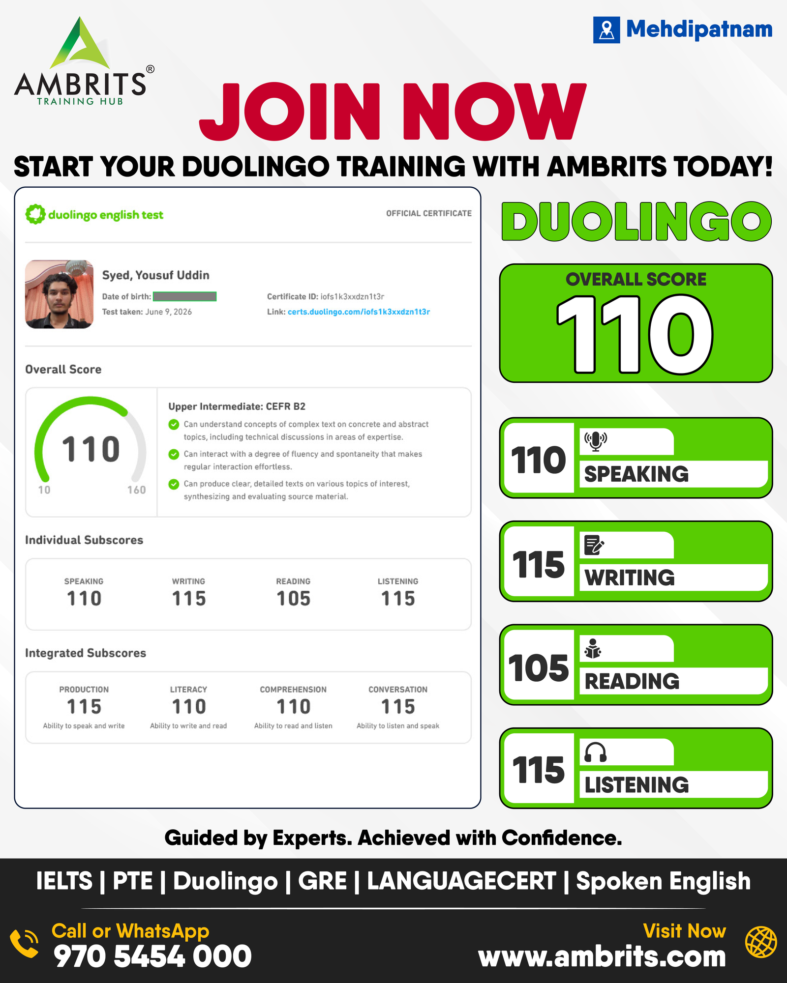 Syed Yousuf Uddin — Duolingo result