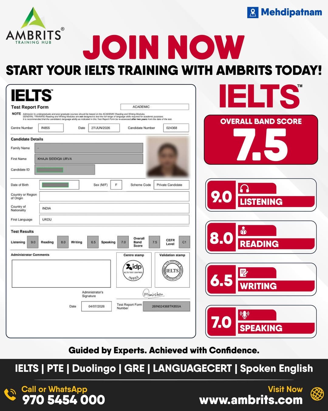 Khaja Siddiqa Urva — IELTS result
