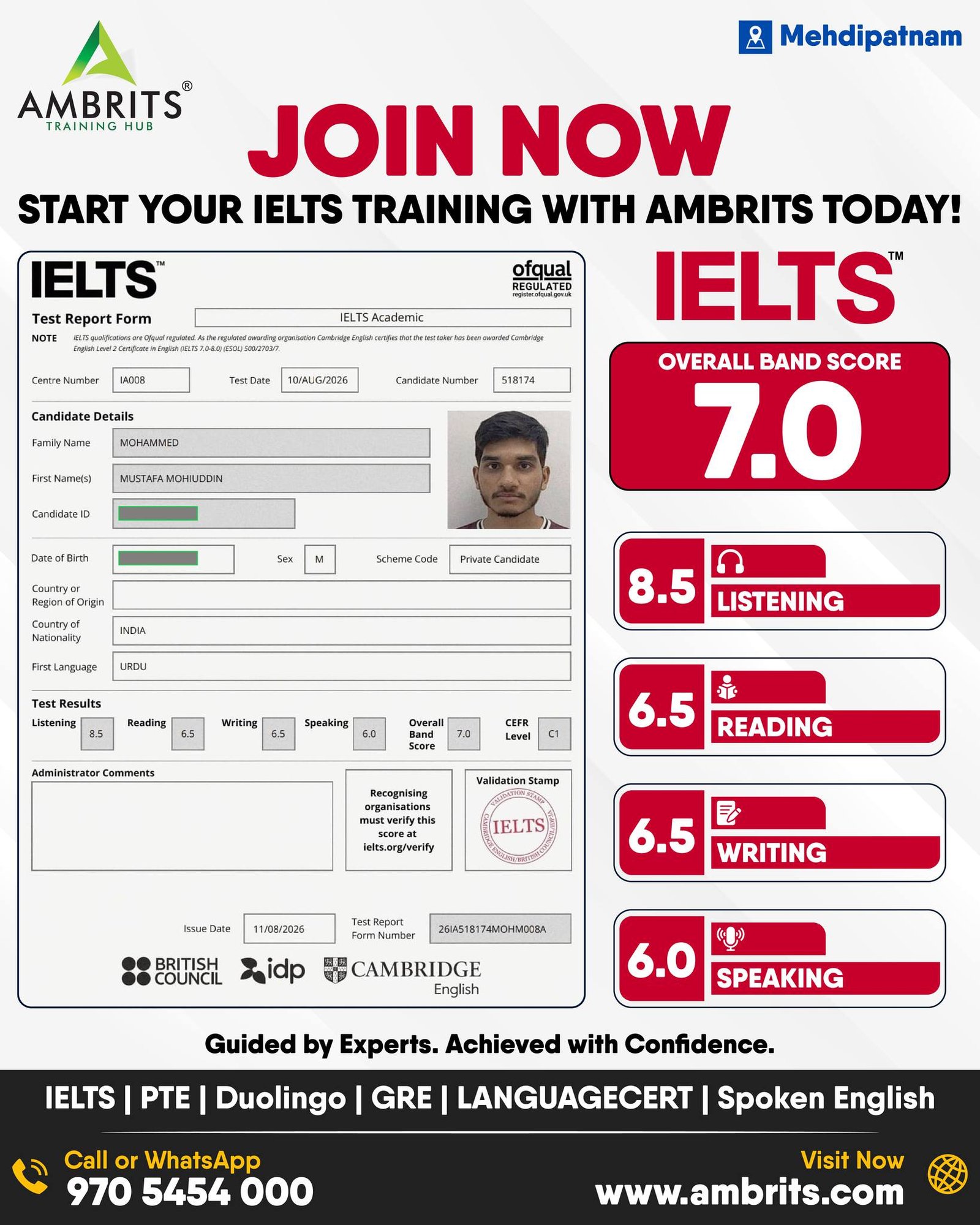 Mustafa Mohiuddin Mohammed — IELTS result