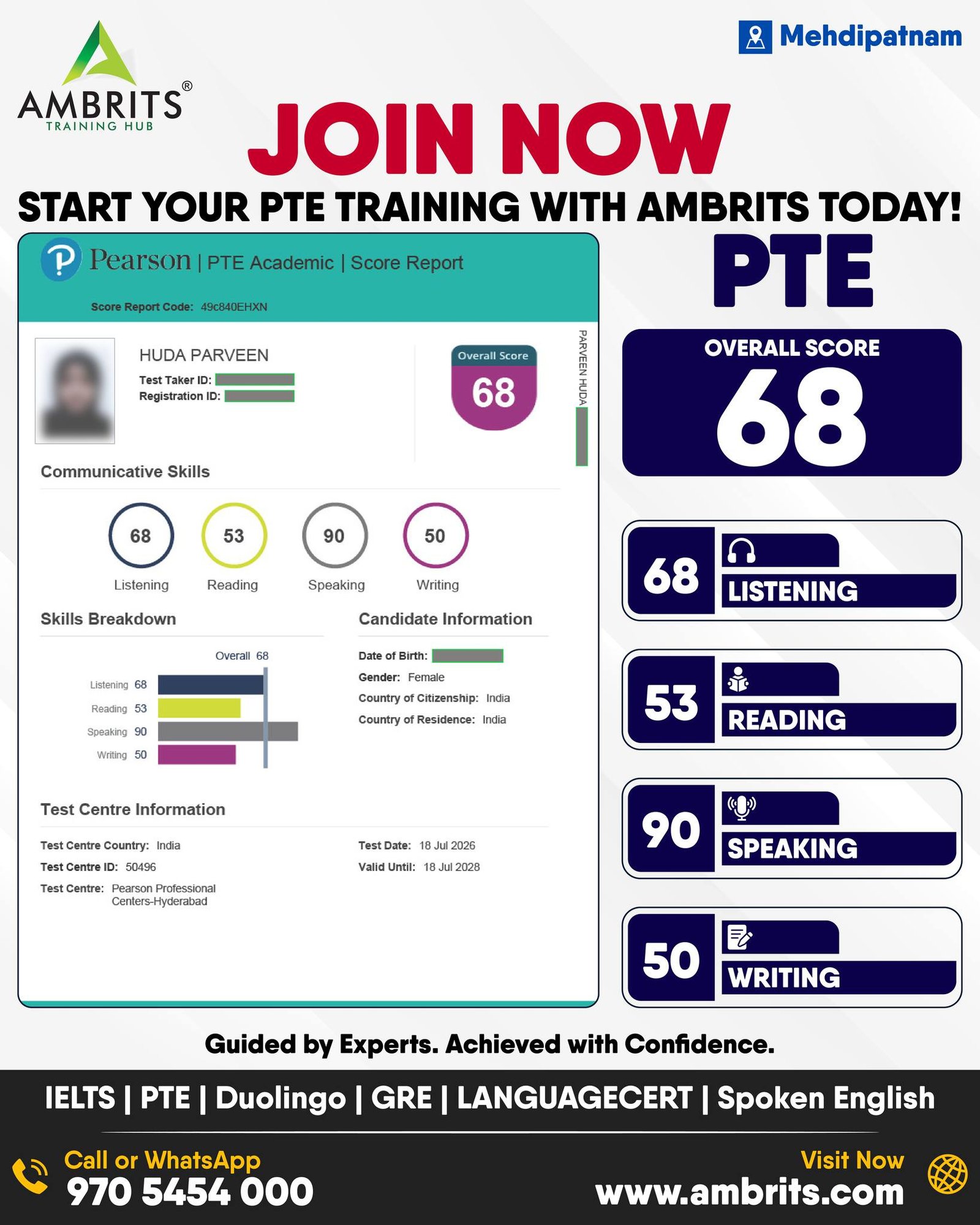 Huda Parveen — PTE result