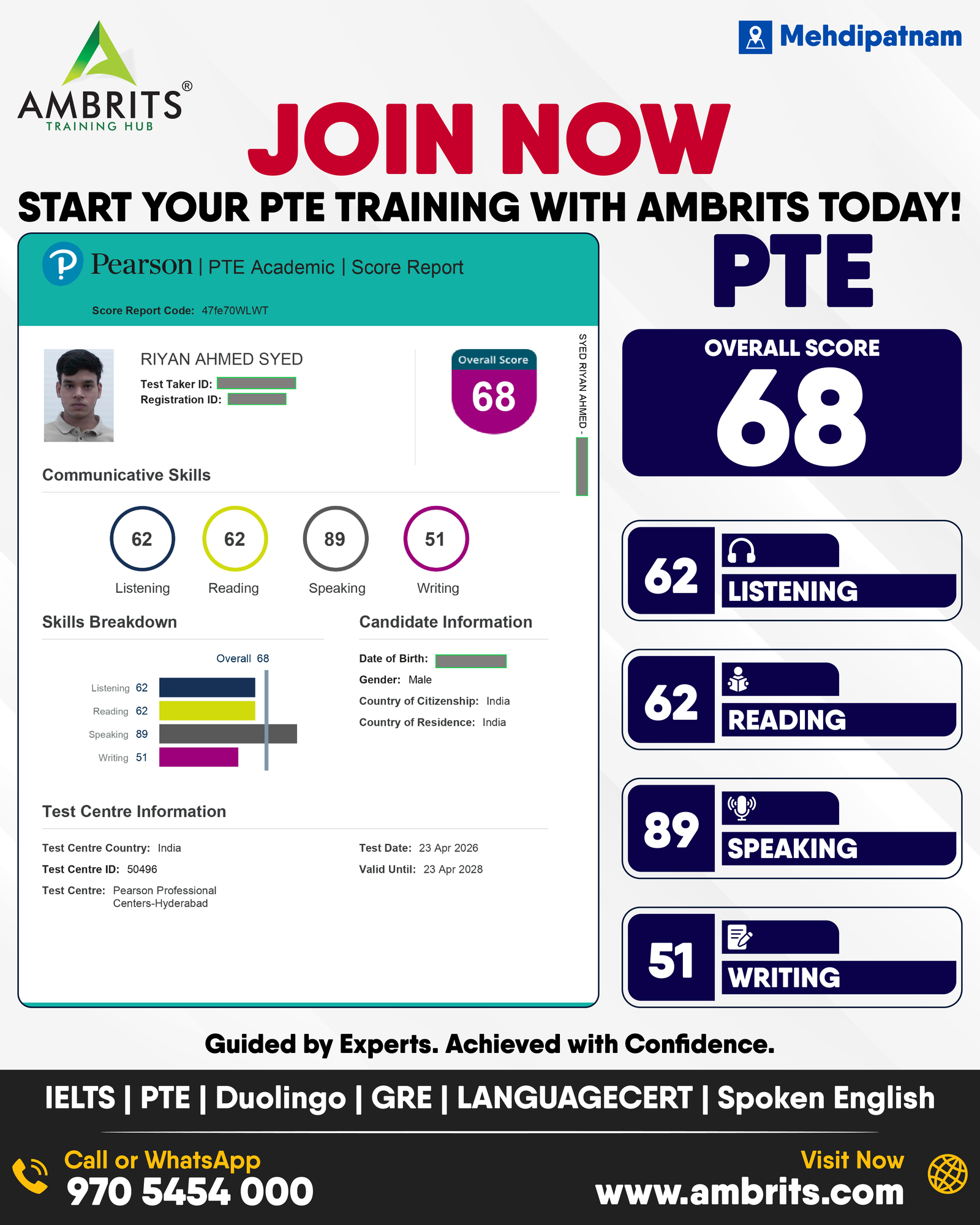 Riyan Ahmed Syed — PTE result