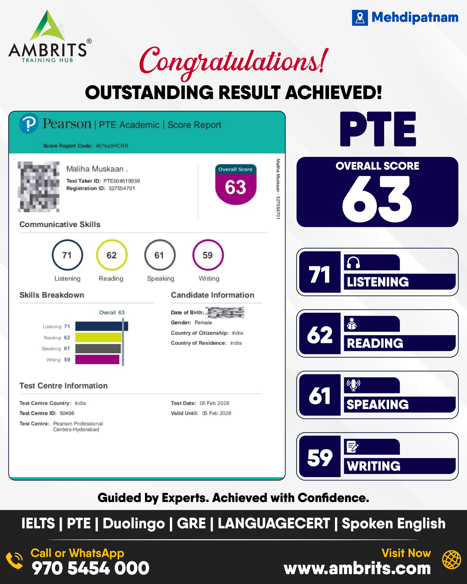 Maliha Muskaan — PTE result