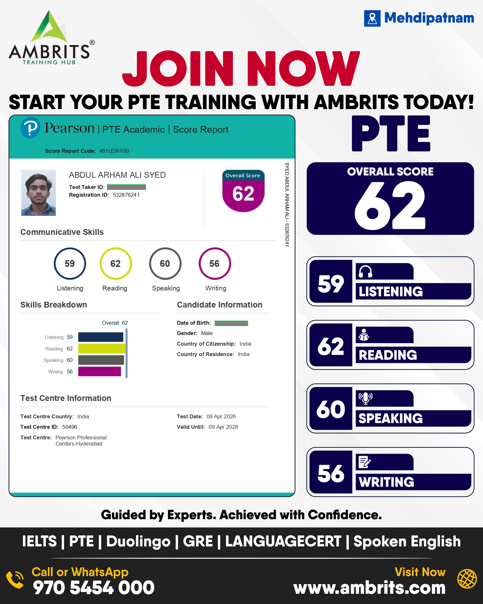 Syed Abdul Arham Ali — PTE result